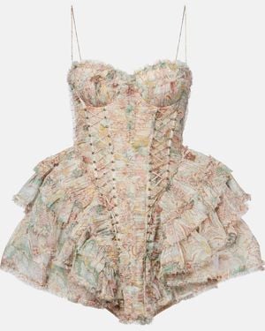 Zimmermann Rebellion Bead-Embellished Ruffled Printed Silk Mini Dress - Natural