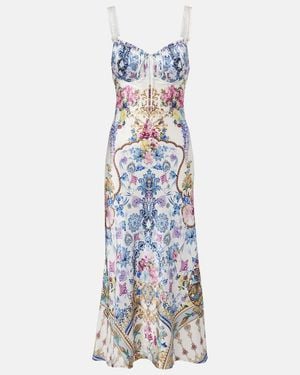 CAMILLA Embellished Printed Silk Satin Midi Dress - Blue