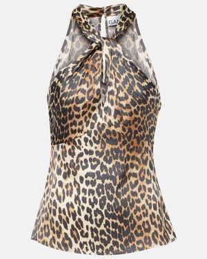Ganni Leopard-Print Halterneck Satin Top - Brown