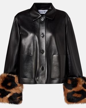 Loewe Leopard-Print Shearling-Trimmed Glossed-Leather Jacket - Black