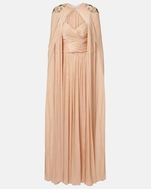 Costarellos Sireen Caped Embellished Georgette Gown - Natural