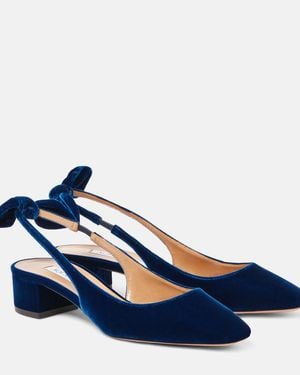 Aquazzura Very Bow Tie 35 Velvet Slingback Court Shoes - Blue