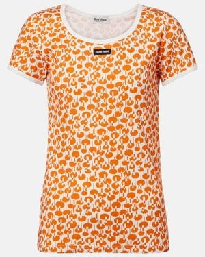 Miu Miu Lace-Trimmed Printed Cotton T-Shirt - Orange