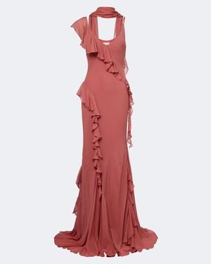 De La Vali Mayara Ruffled Scarf-Detail Georgette Gown - Red