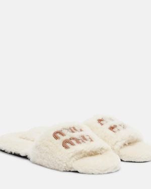 Miu Miu Logo Leather-Trimmed Shearling Slides - Natural
