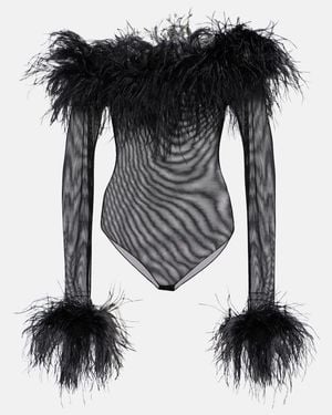 Oséree Feather-Trimmed Mesh Bodysuit - Black