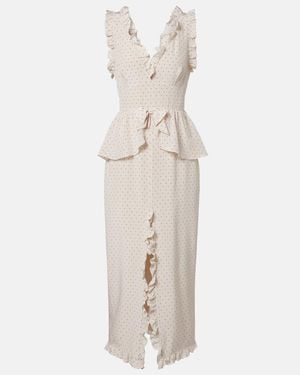 Alessandra Rich Polka-Dot Peplum Silk Midi Dress - Natural