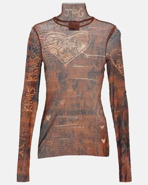 Jean Paul Gaultier X Knwls Printed Mesh High-Neck Top - Brown
