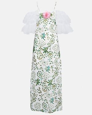 Rodarte Floral-Applique Silk Midi Dress - White