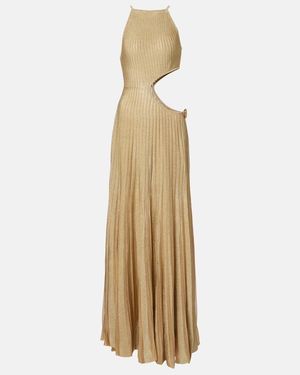 Roberto Cavalli Cutout Ribbed-Knit Sheer Lame Gown - Metallic