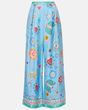 CAMILLA A Painted Village Hose Mit Weitem Bein Aus Bedrucktem Seiden-Twill Mit Verzierungen Und Falten - Blau