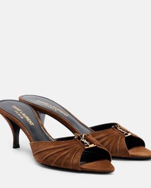 Saint Laurent Babylone Cassandre Suede Mules - Brown