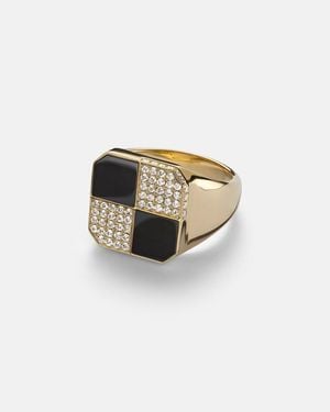 Yvonne Léon Anillo Damier De Oro De 9 Ct Con Diamantes Y Onix - Blanco