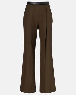 Loewe Leather-Trimmed Pleated Wool Flared Trousers - Brown