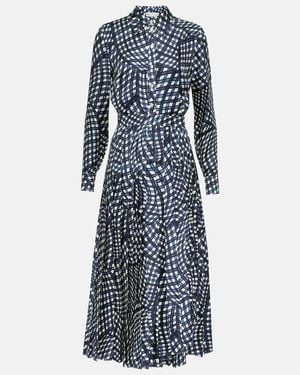 Tory Burch Checked Pleated Silk Shirt Dress - Blue
