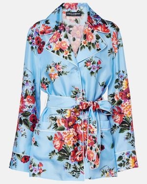 Dolce & Gabbana Floral Belted Silk Blouse - Blue