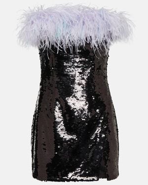 Self-Portrait Feather-Trimmed Sequined Minidress - Black