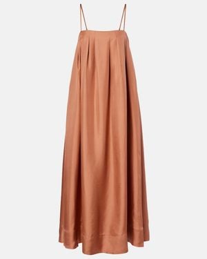 Asceno Heather Pleated Silk Twill Maxi Dress - Orange
