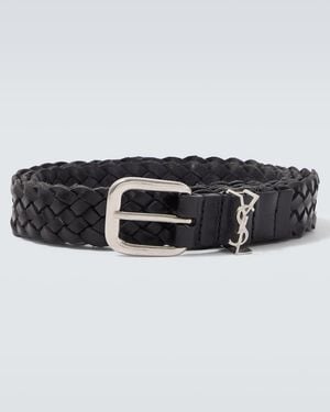 Saint Laurent Cassandre Woven Leather Belt - Black