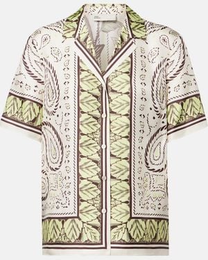 Tory Burch Printed Silk Bowling Shirt - Metallic