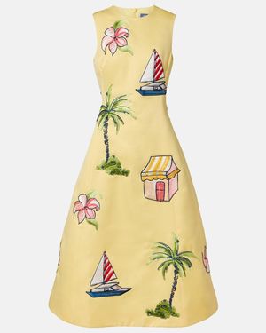 LEO LIN Beaded Patch-Applique Midi Dress - Yellow