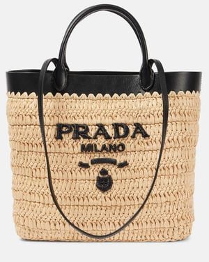 Prada Small Logo Raffia-Effect Tote Bag - Natural