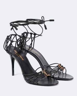 Saint Laurent Leather Stiletto Sandals With Bronze Ysl Logo - Black