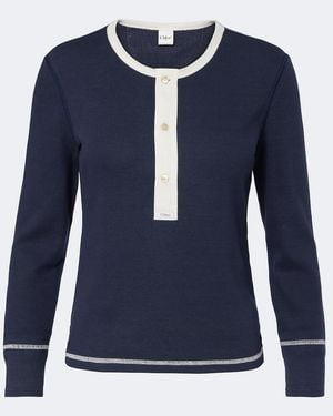 Chloé Ribbed-Knit Cotton Jersey Henley Shirt - Blue