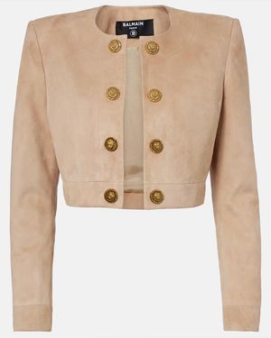 Balmain Cropped-Jacke Aus Veloursleder - Natur