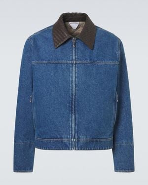 Bottega Veneta Leather-Trimmed Denim Jacket - Blue