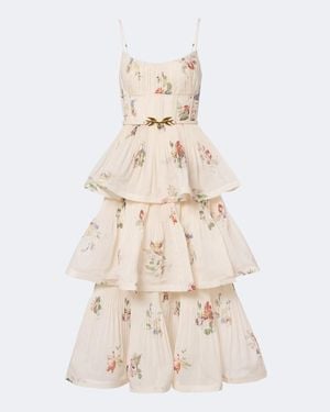 Zimmermann Pleated Tiered Floral Midi Dress - Natural