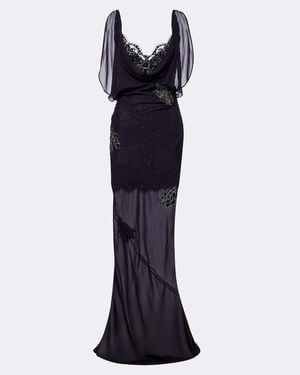 De La Vali Emerald Lace-Trimmed Georgette Gown - Blue