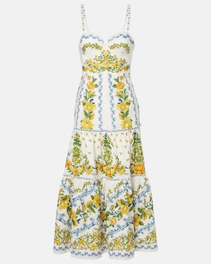 chinese dress ladies Off-White Stitched Garden Euroflax Premium Linen Midi Dress