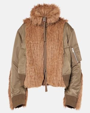 Sacai Faux Fur And Technical Jacket - Brown