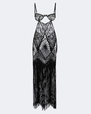 The Attico Fringed Open-Knit Midi Dress - Black