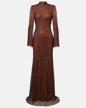 Self-Portrait Crystal-Embellished Mesh Gown - Brown