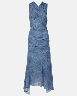Ganni Printed Ruched Mesh Maxi Dress - Blue