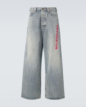 Balenciaga Logo Embroidered Wide-Leg Jeans - Blue