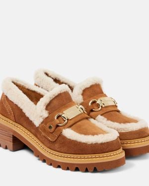 See By Chloé Juliet Shearling-trimmed Suede Loafer Court Shoes - Brown