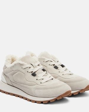 Brunello Cucinelli Shearling-Lined Suede Low-Top Sneakers - White