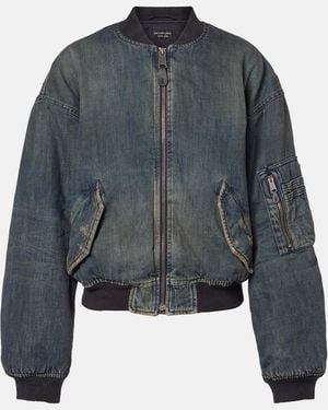 Balenciaga Distressed Denim Bomber Jacket - Blue
