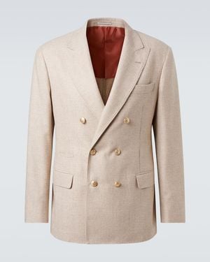 Brunello Cucinelli Houndstooth Cashmere And Silk Suit Jacket - Natural