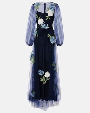 Monique Lhuillier Embroidered Puff-Sleeve Tulle Gown - Blue