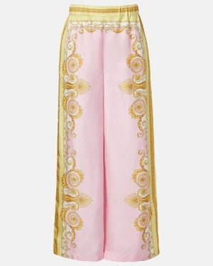 Versace Barocco Foulard Silk Twill Wide-Leg Trousers - Pink