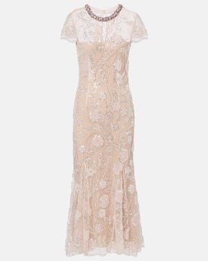 Self-Portrait Floral Sequined Mesh Midi Dress - Natural
