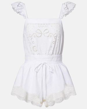 Self-Portrait Embroidered Linen And Cotton Organza Romper - White