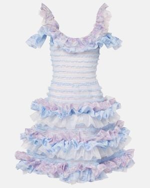 SUSAN FANG Printed Smocked Ruffled Minidress - Blue
