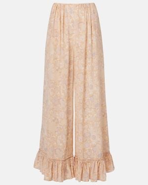 Chloé Floral Ruffled Silk Wide-Leg Pants - Natural