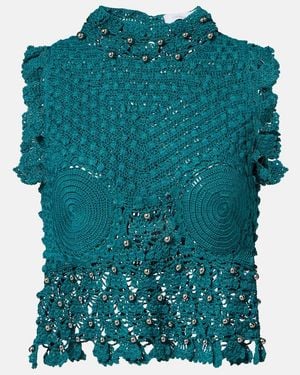 Rabanne Embellished Crochet Cotton Top - Green