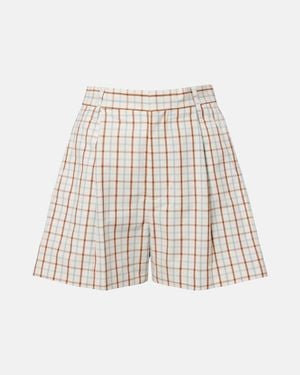 Victoria Beckham Checked Pleated Cotton Shorts - Natural